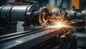 A 5-axis CNC machine performing precision machining in aerospace on a complex titanium engine component