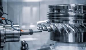 5-axis CNC machine head milling a complex titanium aerospace part in a Texas facility