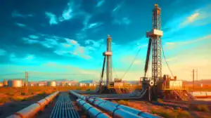 Oil drilling rigs and water pipeline infrastructure in the Permian Basin of West Texas.