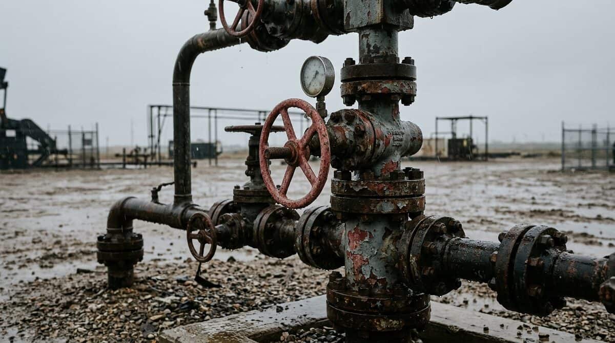 Wellhead assembly close up under flat grey daylight, valves and flanges beaded with rain, paint chalking on the steel