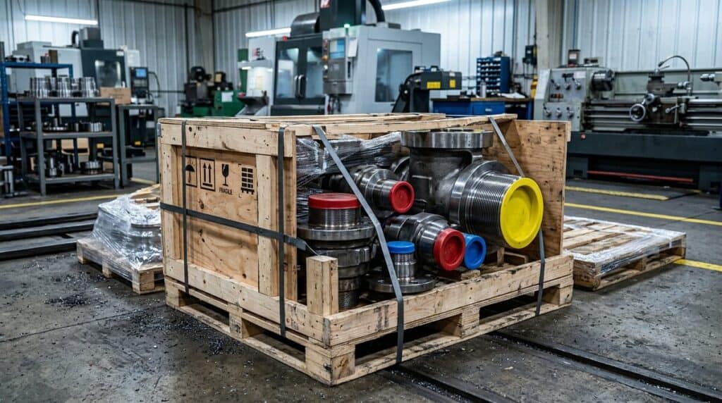 Precision-machined oilfield components, couplings and valve bodies, crated and banded for shipment on a machine shop...
