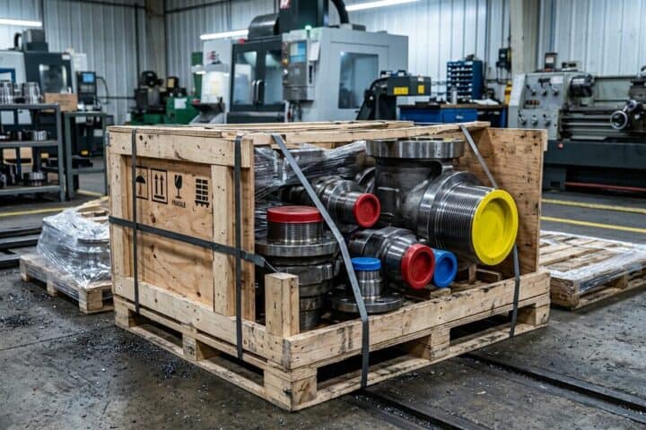 Precision-machined oilfield components, couplings and valve bodies, crated and banded for shipment on a machine shop...