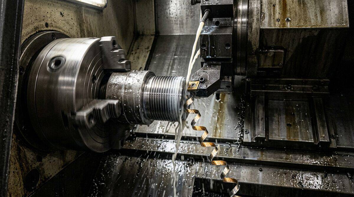 CNC lathe cutting a threaded oilfield coupling, coolant streaming and a continuous chip curling from the tool