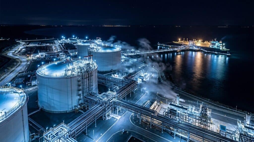 LNG export terminal at night: cryogenic storage tanks and insulated pipework lit against dark water, vapour drifting