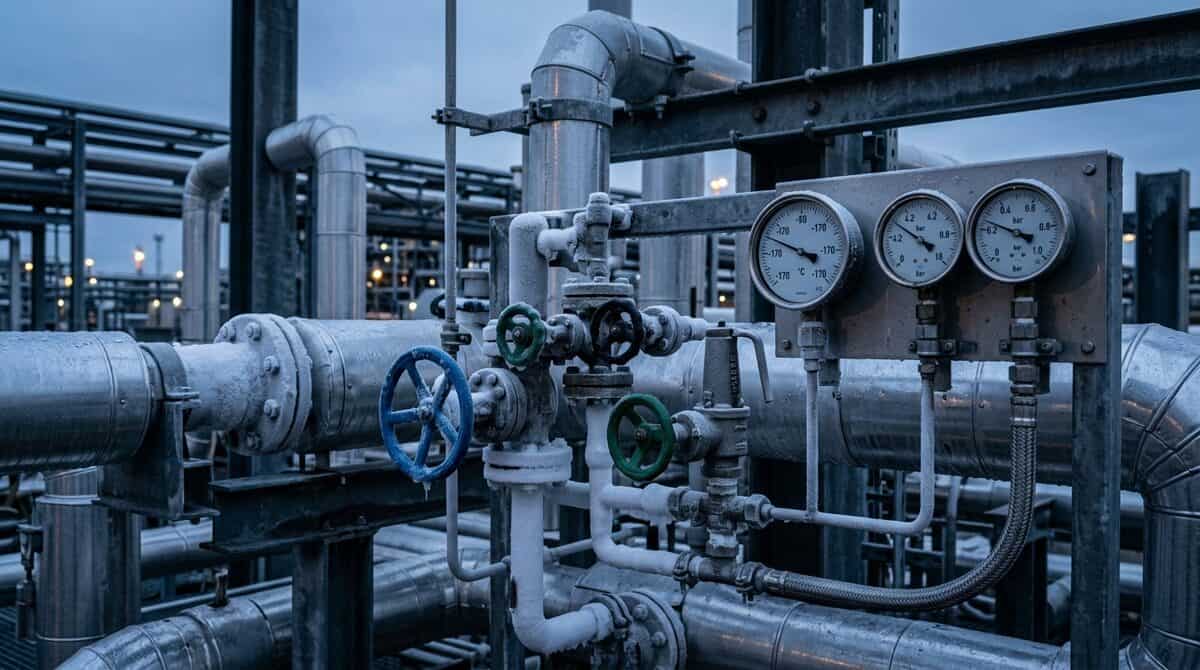 Insulated cryogenic pipework and valve stations in close framing, frost forming on the line, gauges and supports crisp