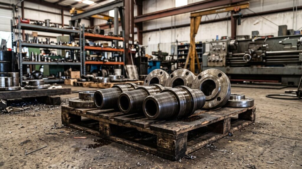 Machined oilfield components laid out on a shop floor pallet, heavy threaded steel bodies and flanges, a machine shop bay...