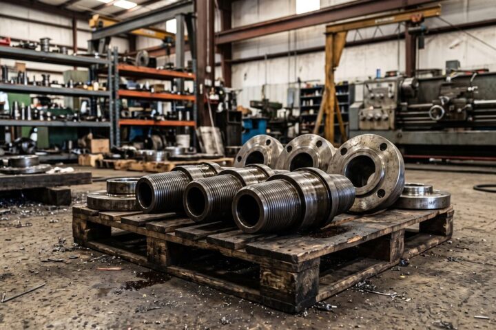 Machined oilfield components laid out on a shop floor pallet, heavy threaded steel bodies and flanges, a machine shop bay...