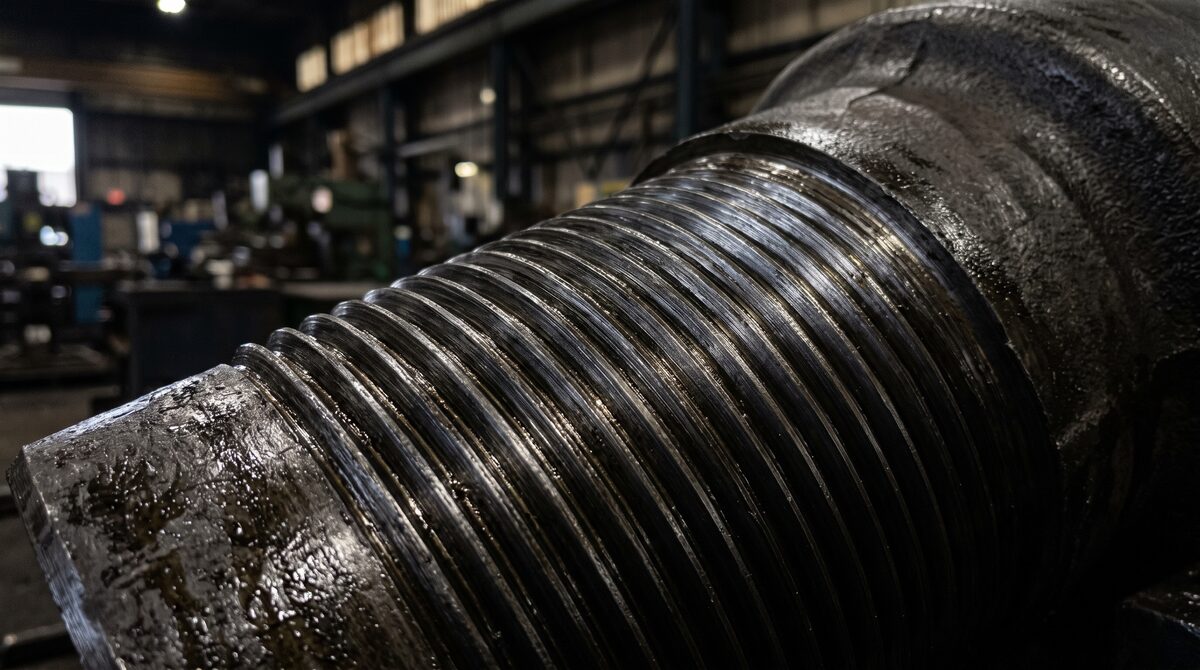 A precision-cut thread on a heavy steel oilfield component, machining marks and oil sheen, raking light across the crests