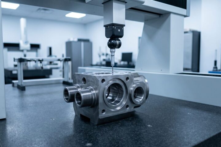 CMM inspecting a machined oilfield component on a granite table in a temperature-controlled quality lab, probe poised...