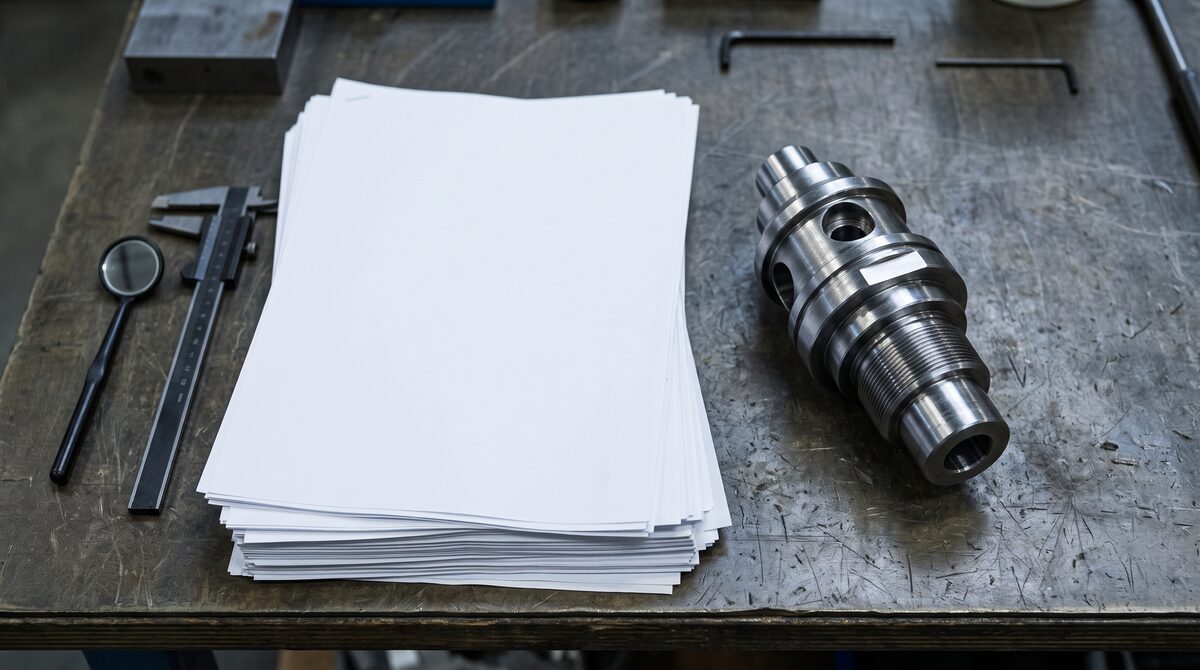 Stack of unmarked certification and inspection paperwork beside a machined steel part on a quality bench, overhead flat...