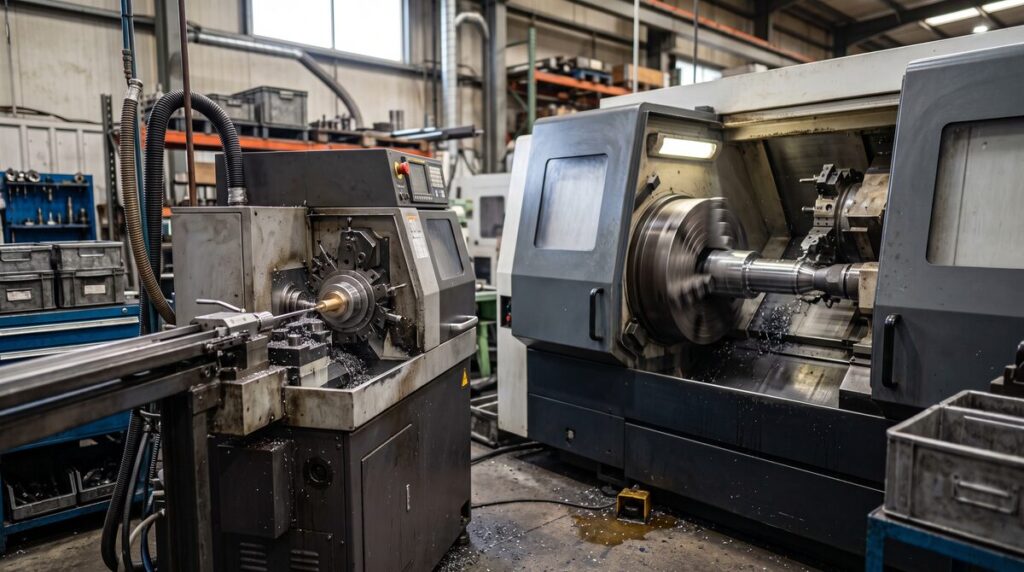 Swiss-type lathe and a conventional CNC turning centre in the same machine shop bay, both running, scale difference clear...