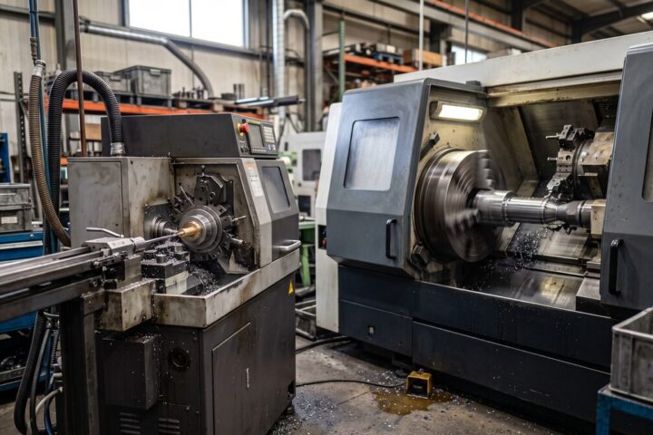 Swiss-type lathe and a conventional CNC turning centre in the same machine shop bay, both running, scale difference clear...