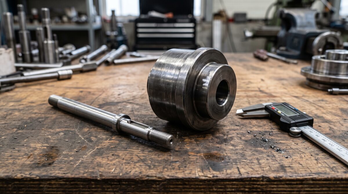 Two turned steel parts side by side on a bench, one slender and small diameter and one heavy and short, calipers...